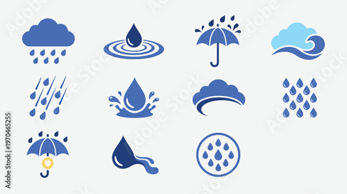 Collection of blue icons representing rain, water drops, clouds, and umbrellas, symbolizing weather and precipitation.