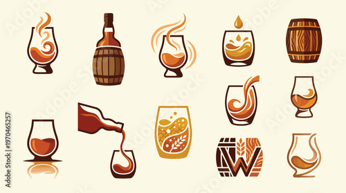 Collection of stylized icons representing whiskey, including glasses, bottles, barrels, and pouring actions, with a warm color palette.