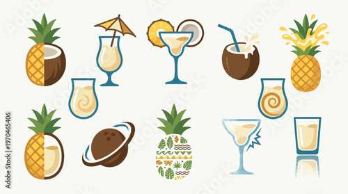 A vibrant collection of tropical-themed illustrations featuring pineapples, coconuts, and refreshing cocktails, perfect for summer or vacation themes.