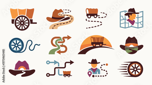 Collection of Western-themed icons depicting wagons, cowboy hats, maps, and travel routes, symbolizing the American frontier and journeys.