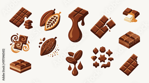 A vibrant collection of various chocolate illustrations, including cocoa beans, chocolate bars, and melted chocolate drips, showcasing the delicious diversity of chocolate.