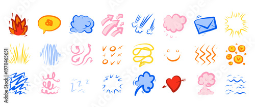 Line movement expression for comic effect cartoon and arrow element draw. Doodle manga emphasis for star bubble boom and sigh icon hand. Line motion anime for comic mark fun and effect.