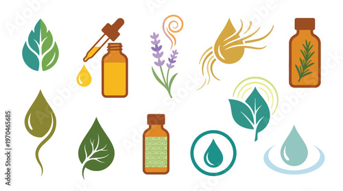 Collection of icons representing essential oils, aromatherapy, and natural wellness products.