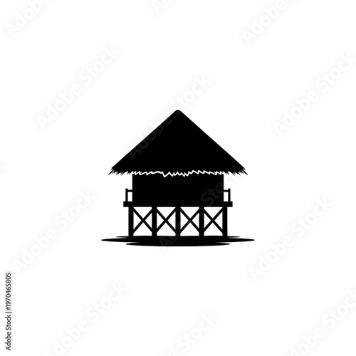 Silhouette of a tropical hut on stilts with a thatched roof, representing a vacation resort or a remote dwelling in a warm climate