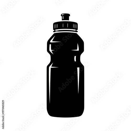 Black silhouette vector illustration of a plastic sports water bottle, designed for active lifestyles, cycling, fitness, and essential daily hydration needs on a clean white background