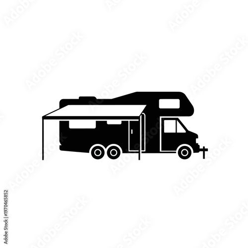 Black silhouette graphic of a recreational vehicle with an extended awning, symbolizing travel, camping, freedom, and outdoor adventures on the open road