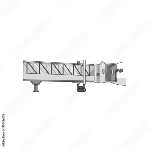 Clean vector drawing of an airport jet bridge, crucial infrastructure for passenger embarkation and disembarkation, linking aircraft to terminal building
