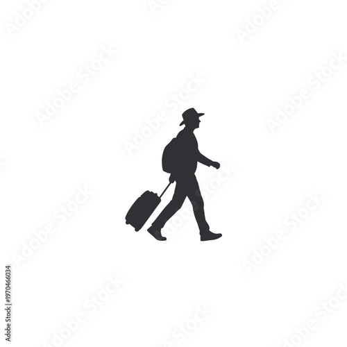 Minimalist silhouette icon of a traveler walking with a backpack and a rolling suitcase, symbolizing journey, vacation, and exploration