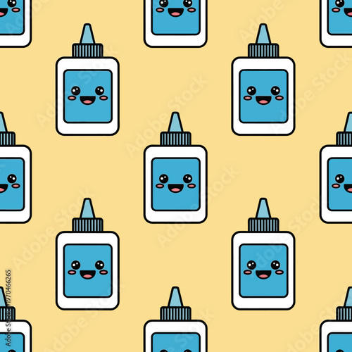 Cute Kawaii Glue Bottle Character Seamless Pattern.