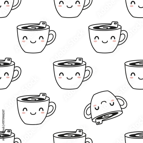 Cute Kawaii Coffee Cups Seamless Pattern Illustration.