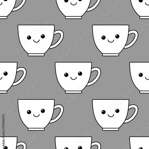 Cute Kawaii Coffee Cups Seamless Pattern.