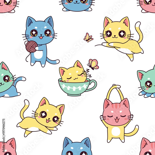 Cute Kawaii Cats Playing and Relaxing in Various Poses.