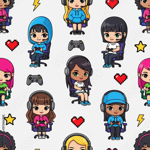 Cute Kawaii Gamers Girls Playing Video Games Seamless Pattern.