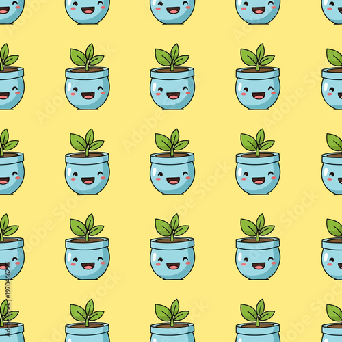 Cute Kawaii Potted Plant Characters with Happy Faces.