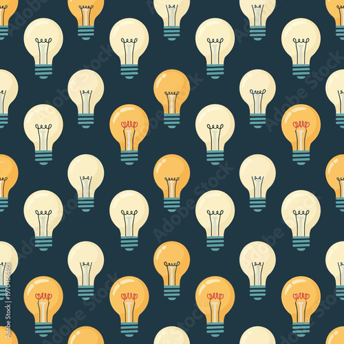 Seamless pattern of glowing light bulbs on dark background.