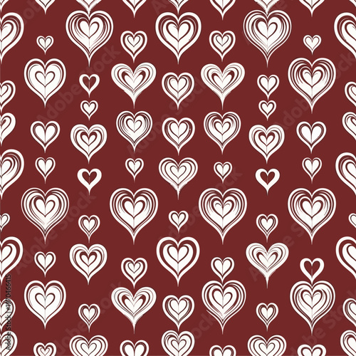Seamless Pattern of Hand-Drawn Hearts on Burgundy Background.