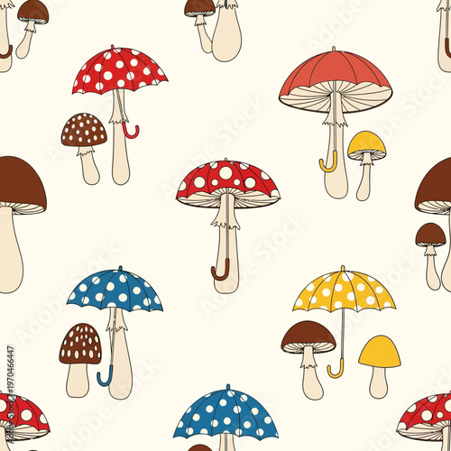Whimsical Mushroom Umbrella Pattern Illustration.