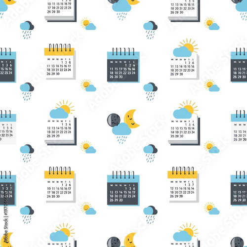 Seamless Pattern of Weather Forecast Calendars and Icons.