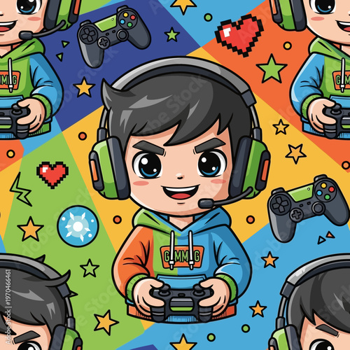 Young Boy Gamer with Headphones Holding Controller.