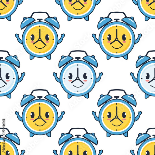 Cute Cartoon Alarm Clock Characters with Happy Faces.