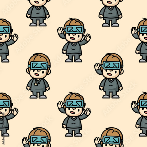 Cute Cartoon Character Wearing Virtual Reality Headset.