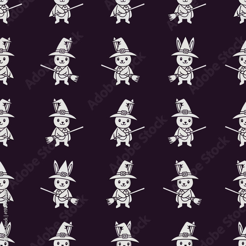 Cute cartoon witch characters with broomsticks and hats.