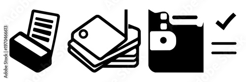 Savings account passbook icon set with solid black design on white background featuring finance, banking, accounting with simple and minimalist