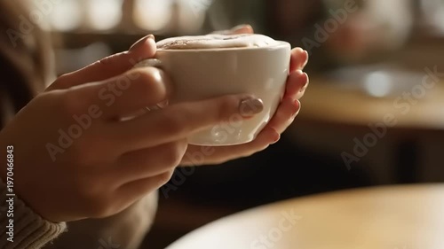Close up of hands holding a warm cup of coffee with steam rising.