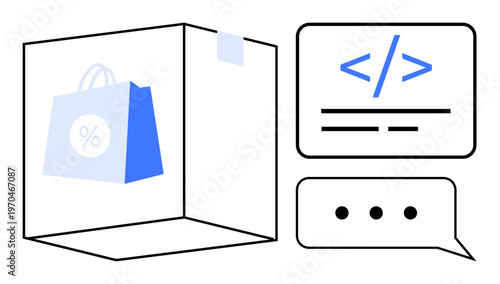 Online shopping, e-commerce, digital marketing, coding, customer support, automation. A shopping bag, coding symbol and chat bubble. Online shopping and e-commerce ideas