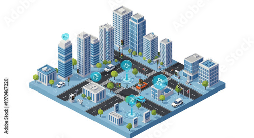 Isometric illustration shows a conceptual smart city with urban infrastructure and a connected transport map, featuring buildings, roads, EV charging stations, IoT connectivity
