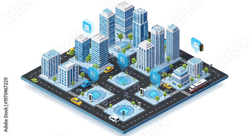 Isometric illustration depicting an urban infrastructure with buildings, roads, EV charging stations, and traffic, showcasing IoT utilities and transport connectivity in a detailed 3D