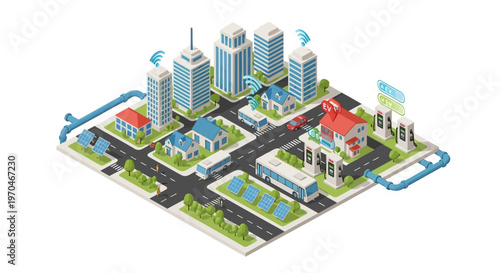 Isometric illustration presents a 3D smart city concept with modular buildings, roads, EV charging stations, and IoT devices, showcasing urban infrastructure and technology on a white
