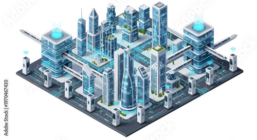 Isometric 3D illustration of an urban technology map showcasing a smart city with connected city infrastructure, featuring buildings, roads, and EV charging stations against a clean white