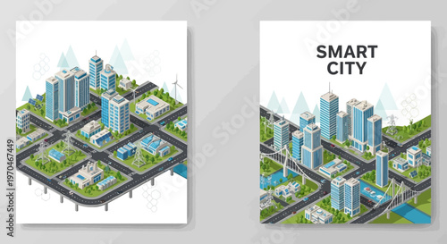 Isometric illustration showcasing a smart city vector design with urban infrastructure, displaying modular buildings, roads, and EV charging stations, conveying an innovative and futuristic