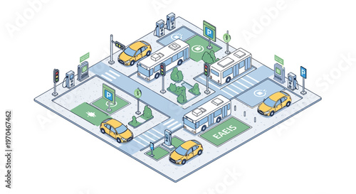 Isometric illustration shows an urban infrastructure design with roads, buildings, EV charging stations, and traffic signals, conveying a concept of smart city utilities and transport