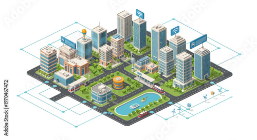 Isometric illustration displaying a connected smart city with modular buildings, roads, EV charging stations, and traffic patterns, presented in a 3D vector design that shows urban
