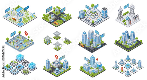Isometric vector illustration of a modular smart city with urban infrastructure, buildings, roads, EV charging stations, and IoT utilities, showcasing a connected city concept in 3D design