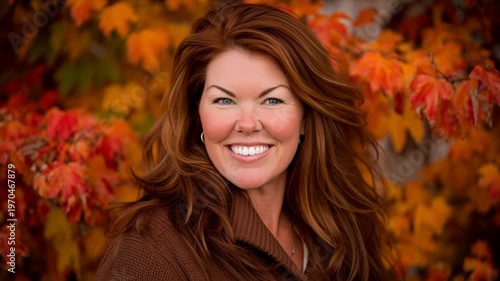 Smiling woman with vibrant red hair stands amidst a backdrop of fiery autumn foliage conveying warmth happiness and the beauty of fall season