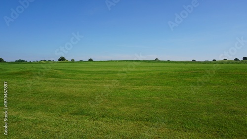 Cuadro en lienzo Wide open grassy landscape with clear blue sky and horizon, minimal natural back