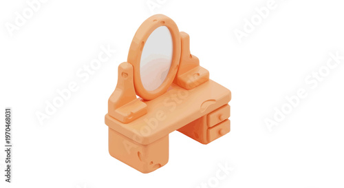 A 3D rendered, cartoon-style vanity with drawers and a mirror