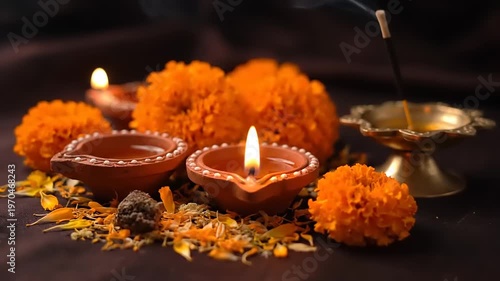 Diwali Festival Celebration with Diyas and Marigold Flowers.
