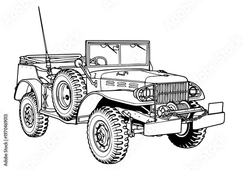 Vintage World War II Military Off-Road Utility Truck Vector Illustration - Retro 1940s Army Vehicle Line Art