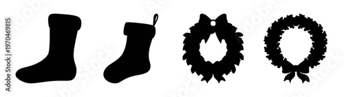 Christmas stockings and wreaths silhouette vector illustration for holiday season decoration and design