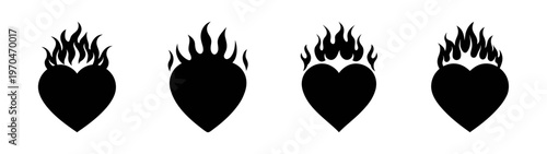 Burning heart vector illustration set for love and passion concepts in black and white design art