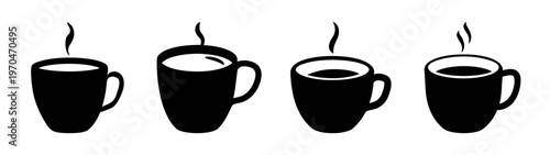 Vector illustration of four black coffee mugs with steam for coffee shop or cafe design element