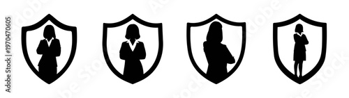 Businesswomen silhouettes in shields vector illustration for corporate identity design and logo inspiration