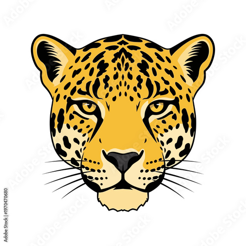 A striking illustration of a jaguar's face, featuring its distinctive spotted coat and intense gaze, presented in a clean, graphic style for versatile design applications