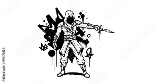Urban Graffiti Assassin Vector with Edgy Hand Drawn Line Art Style