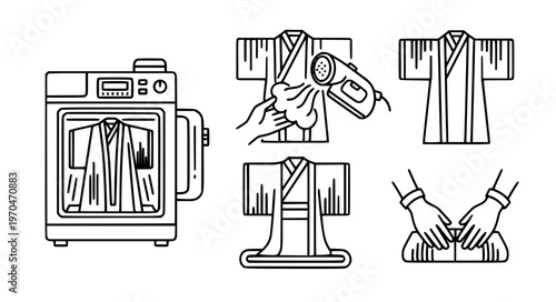 Professional Kimono Cleaning Vector Icons with Dry Clean and Steam Care Services