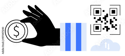 Digital payments, e-commerce, fintech, cashless transactions, mobile banking, online shopping. A hand holding a coin, a QR code a barcode and a cloud icon. Digital payments and e-commerce concept
